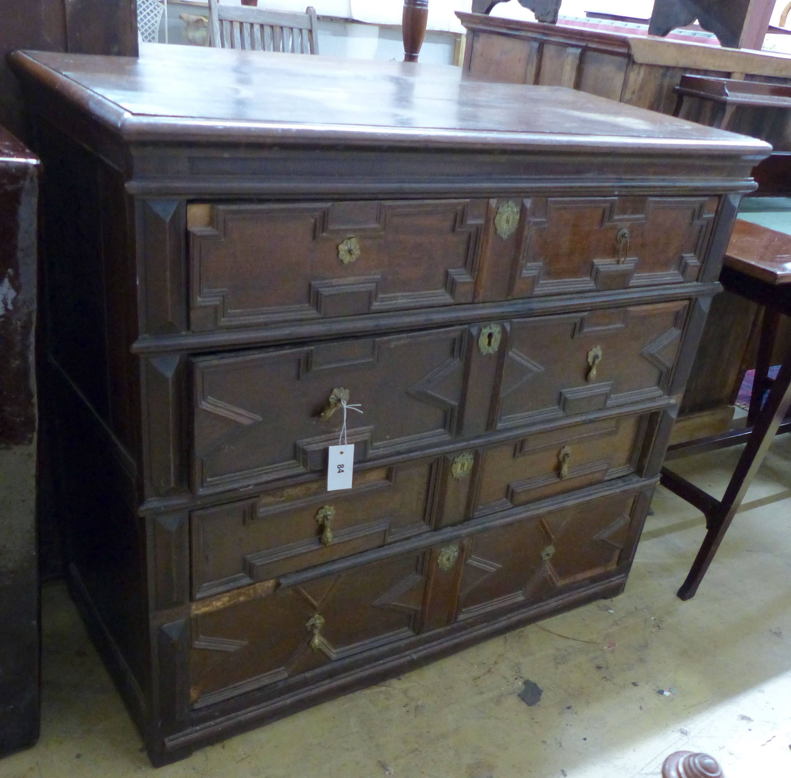 An early 18th century oak chest of four drawers, width 107cm